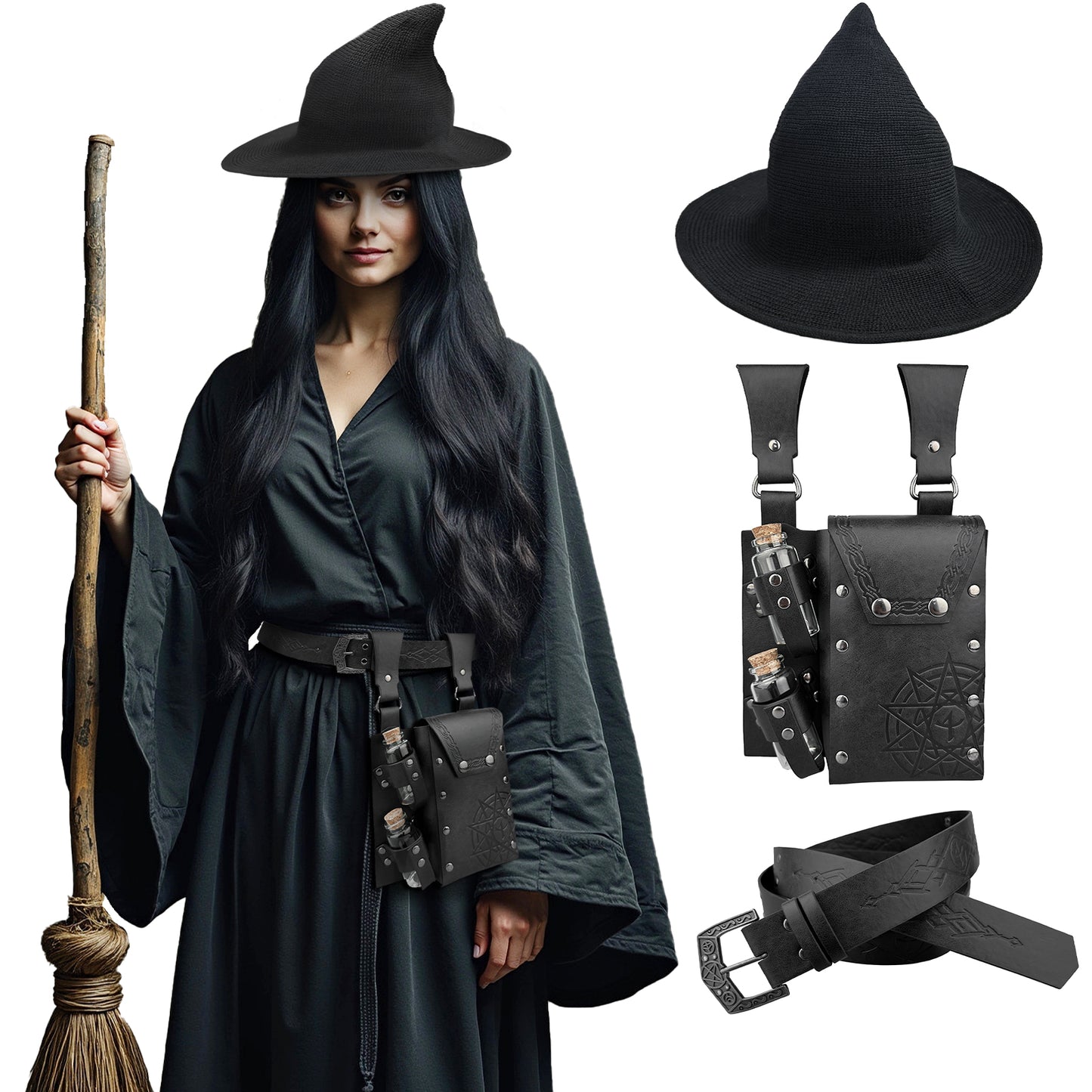 HiiFeuer Medieval Faux Leather Alchemy Set, Witch Pointed Hat for Women, Fantasy Wizard Belt with Potion Vials Waist Pouch