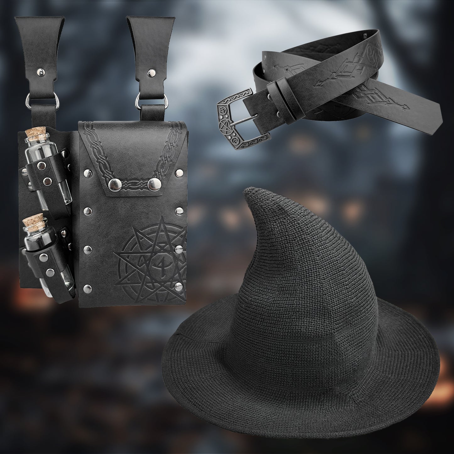HiiFeuer Medieval Faux Leather Alchemy Set, Witch Pointed Hat for Women, Fantasy Wizard Belt with Potion Vials Waist Pouch