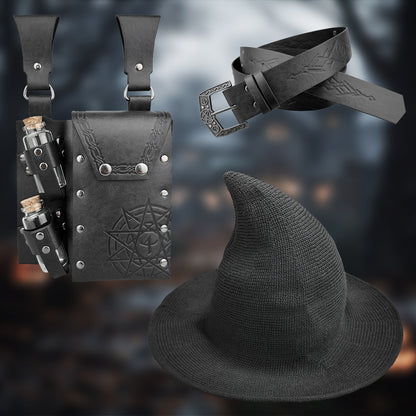 HiiFeuer Medieval Faux Leather Alchemy Set, Witch Pointed Hat for Women, Fantasy Wizard Belt with Potion Vials Waist Pouch