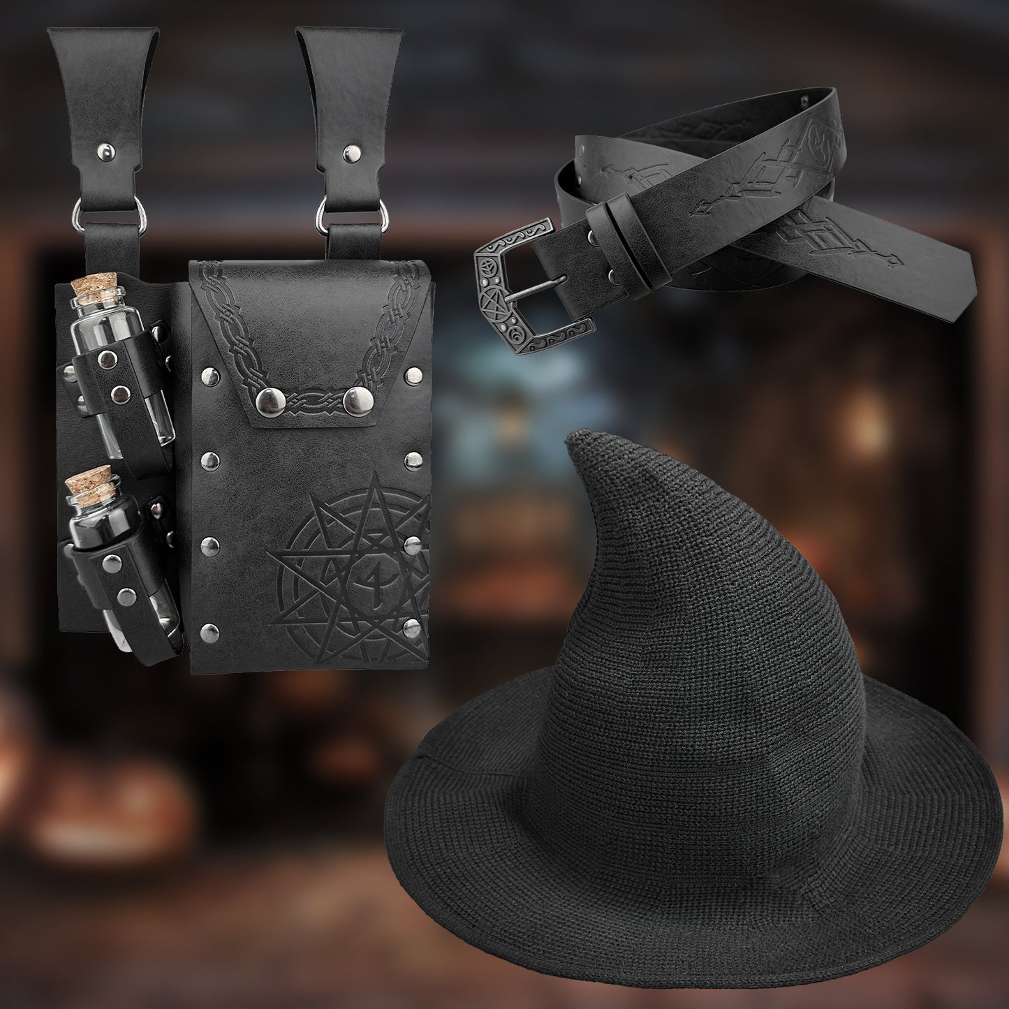 HiiFeuer Medieval Faux Leather Alchemy Set, Witch Pointed Hat for Women, Fantasy Wizard Belt with Potion Vials Waist Pouch