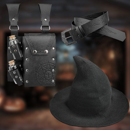 HiiFeuer Medieval Faux Leather Alchemy Set, Witch Pointed Hat for Women, Fantasy Wizard Belt with Potion Vials Waist Pouch