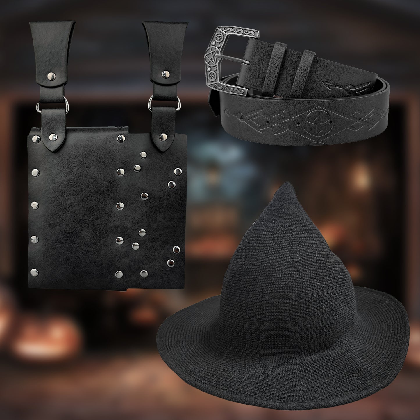 HiiFeuer Medieval Faux Leather Alchemy Set, Witch Pointed Hat for Women, Fantasy Wizard Belt with Potion Vials Waist Pouch