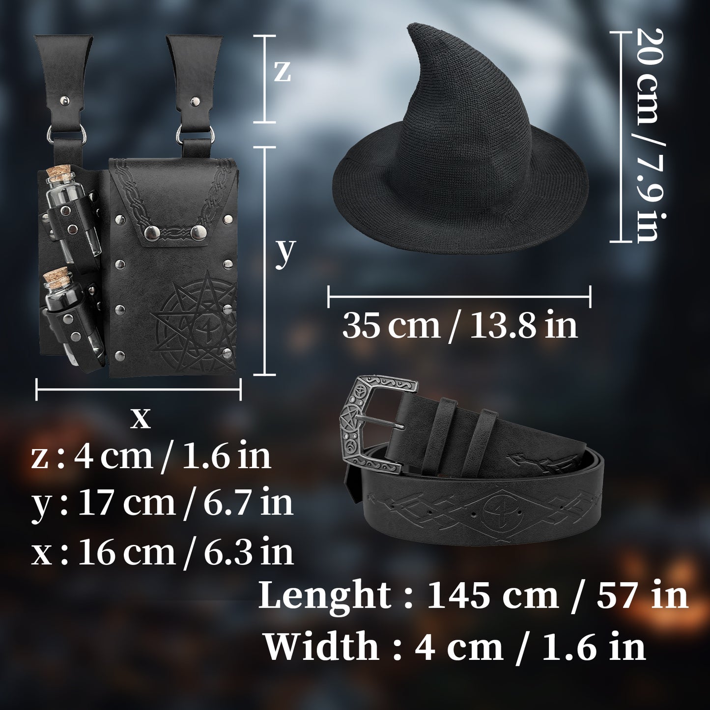 HiiFeuer Medieval Faux Leather Alchemy Set, Witch Pointed Hat for Women, Fantasy Wizard Belt with Potion Vials Waist Pouch