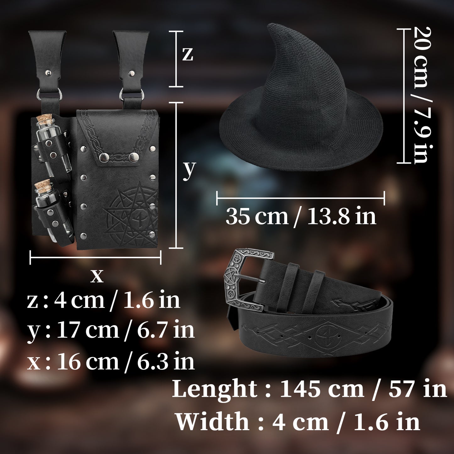 HiiFeuer Medieval Faux Leather Alchemy Set, Witch Pointed Hat for Women, Fantasy Wizard Belt with Potion Vials Waist Pouch