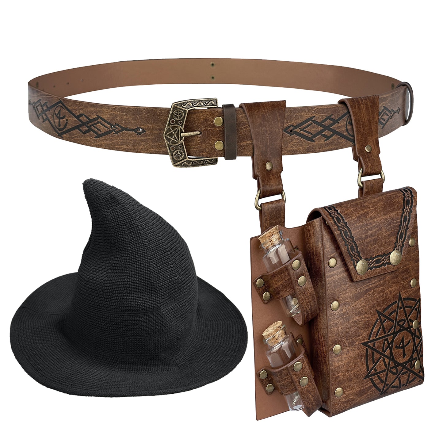HiiFeuer Medieval Faux Leather Alchemy Set, Witch Pointed Hat for Women, Fantasy Wizard Belt with Potion Vials Waist Pouch