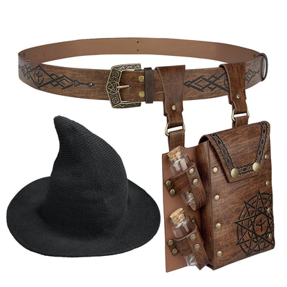 HiiFeuer Medieval Faux Leather Alchemy Set, Witch Pointed Hat for Women, Fantasy Wizard Belt with Potion Vials Waist Pouch