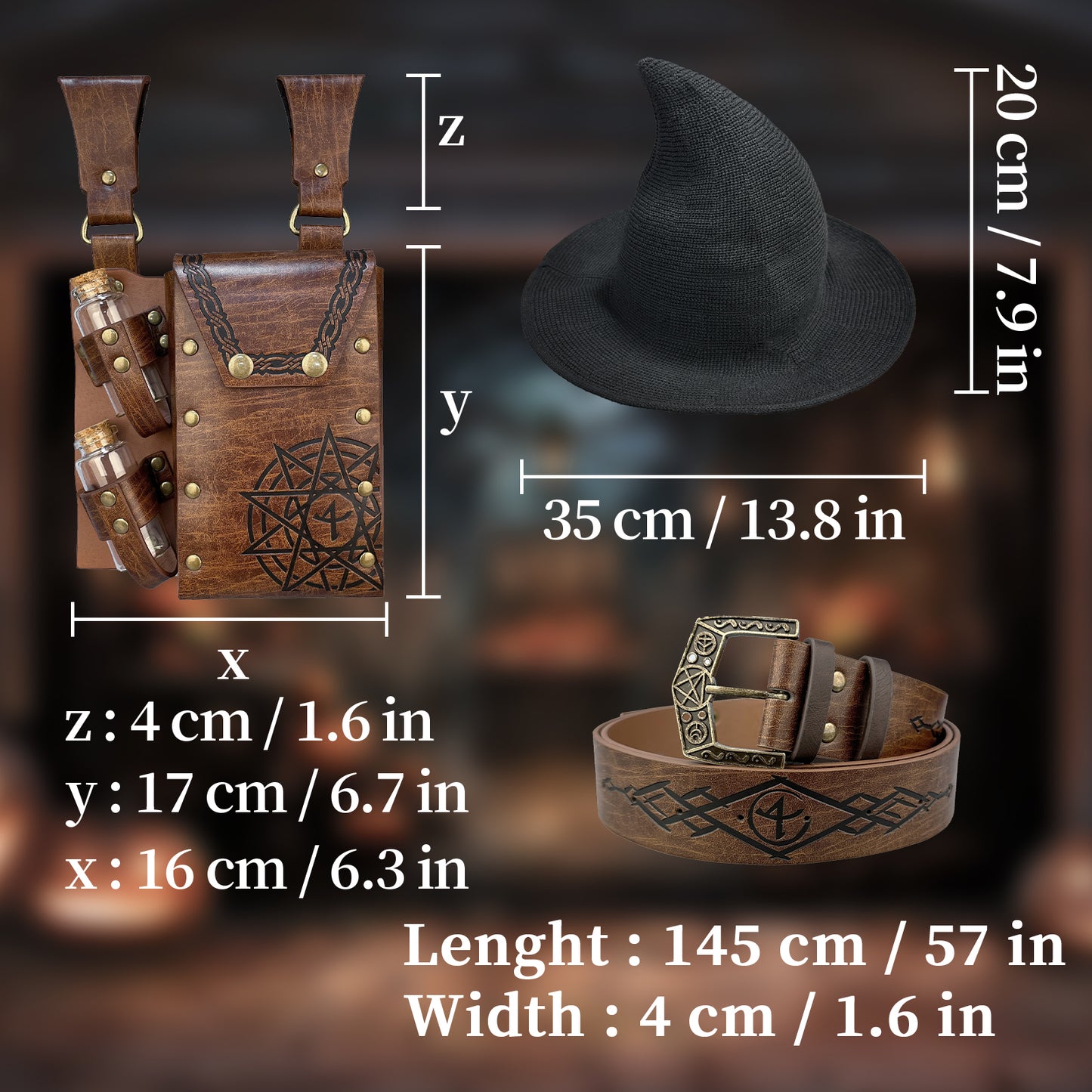 HiiFeuer Medieval Faux Leather Alchemy Set, Witch Pointed Hat for Women, Fantasy Wizard Belt with Potion Vials Waist Pouch