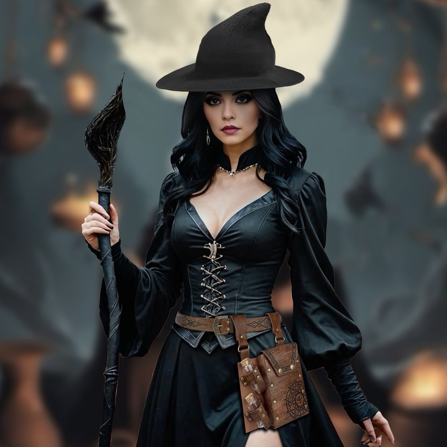 HiiFeuer Medieval Faux Leather Alchemy Set, Witch Pointed Hat for Women, Fantasy Wizard Belt with Potion Vials Waist Pouch