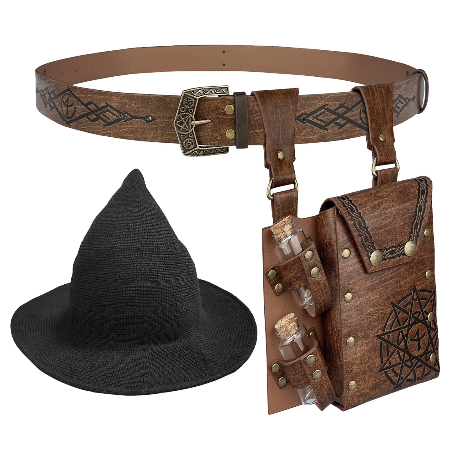 HiiFeuer Medieval Faux Leather Alchemy Set, Witch Pointed Hat for Women, Fantasy Wizard Belt with Potion Vials Waist Pouch