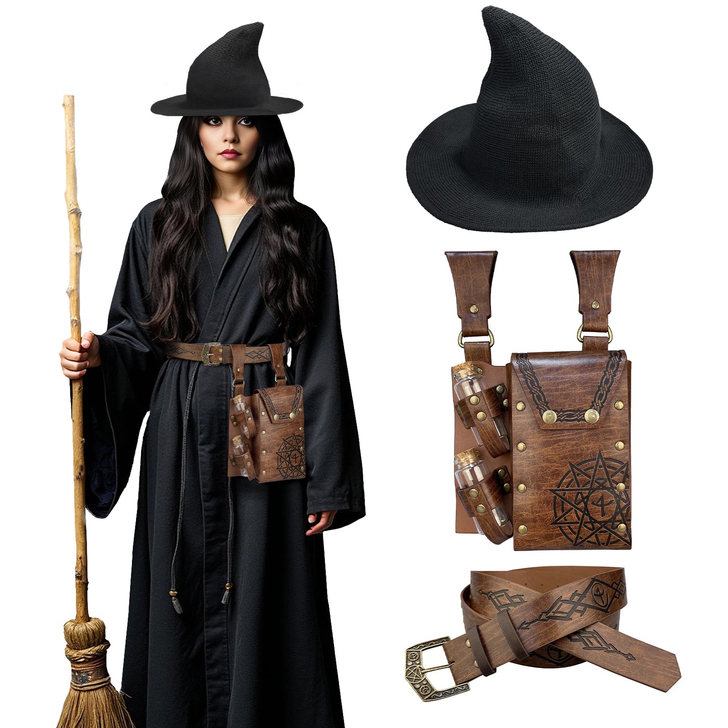 HiiFeuer Medieval Faux Leather Alchemy Set, Witch Pointed Hat for Women, Fantasy Wizard Belt with Potion Vials Waist Pouch