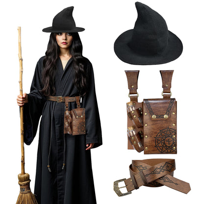 HiiFeuer Medieval Faux Leather Alchemy Set, Witch Pointed Hat for Women, Fantasy Wizard Belt with Potion Vials Waist Pouch