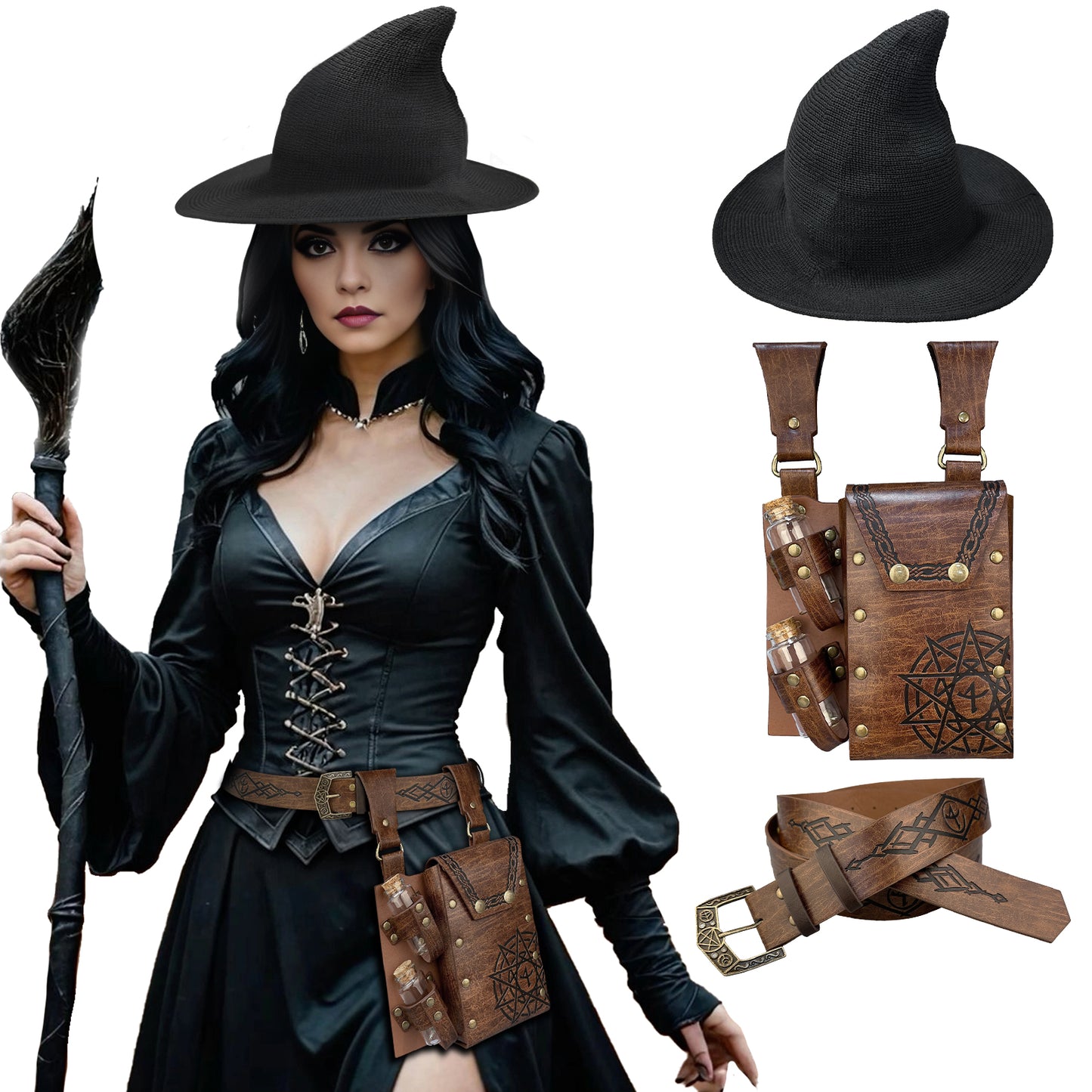 HiiFeuer Medieval Faux Leather Alchemy Set, Witch Pointed Hat for Women, Fantasy Wizard Belt with Potion Vials Waist Pouch