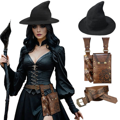 HiiFeuer Medieval Faux Leather Alchemy Set, Witch Pointed Hat for Women, Fantasy Wizard Belt with Potion Vials Waist Pouch