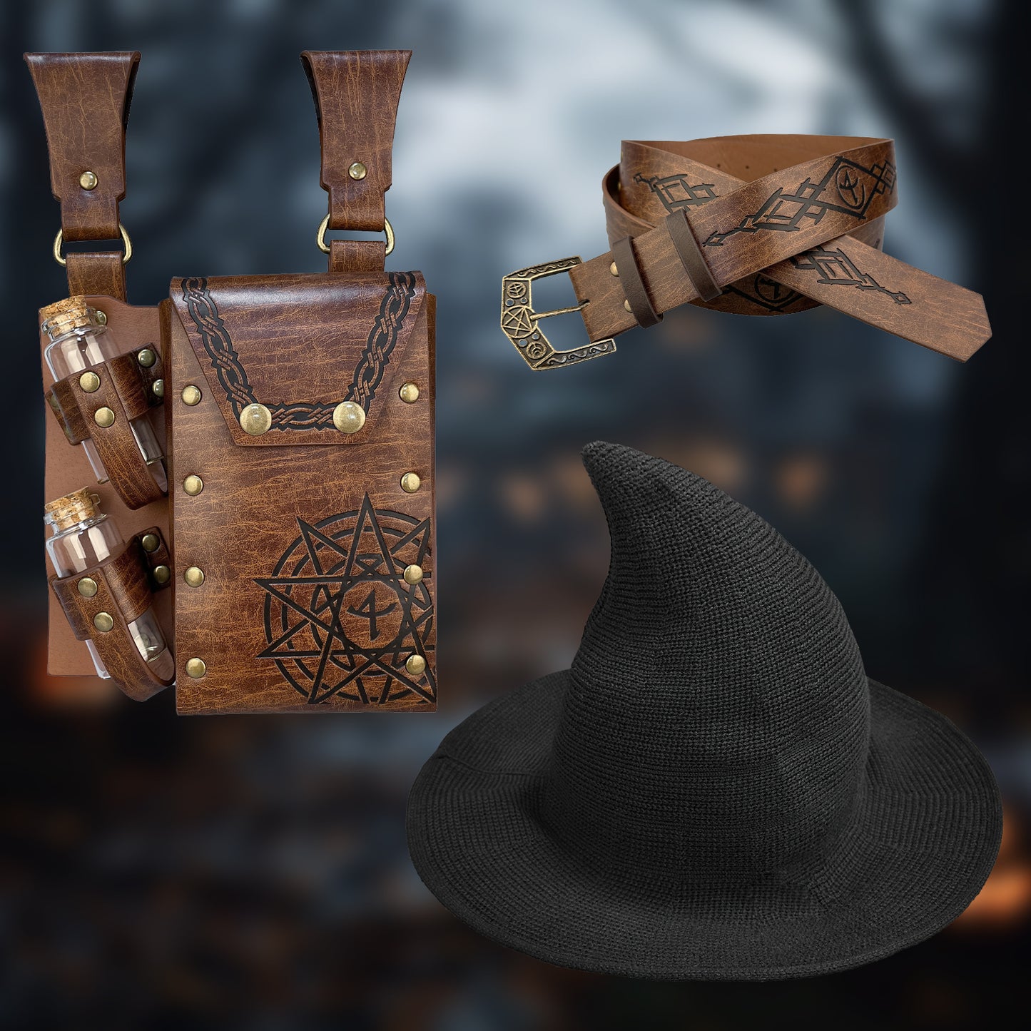 HiiFeuer Medieval Faux Leather Alchemy Set, Witch Pointed Hat for Women, Fantasy Wizard Belt with Potion Vials Waist Pouch