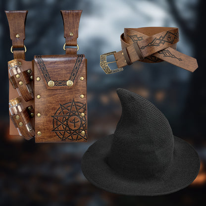 HiiFeuer Medieval Faux Leather Alchemy Set, Witch Pointed Hat for Women, Fantasy Wizard Belt with Potion Vials Waist Pouch