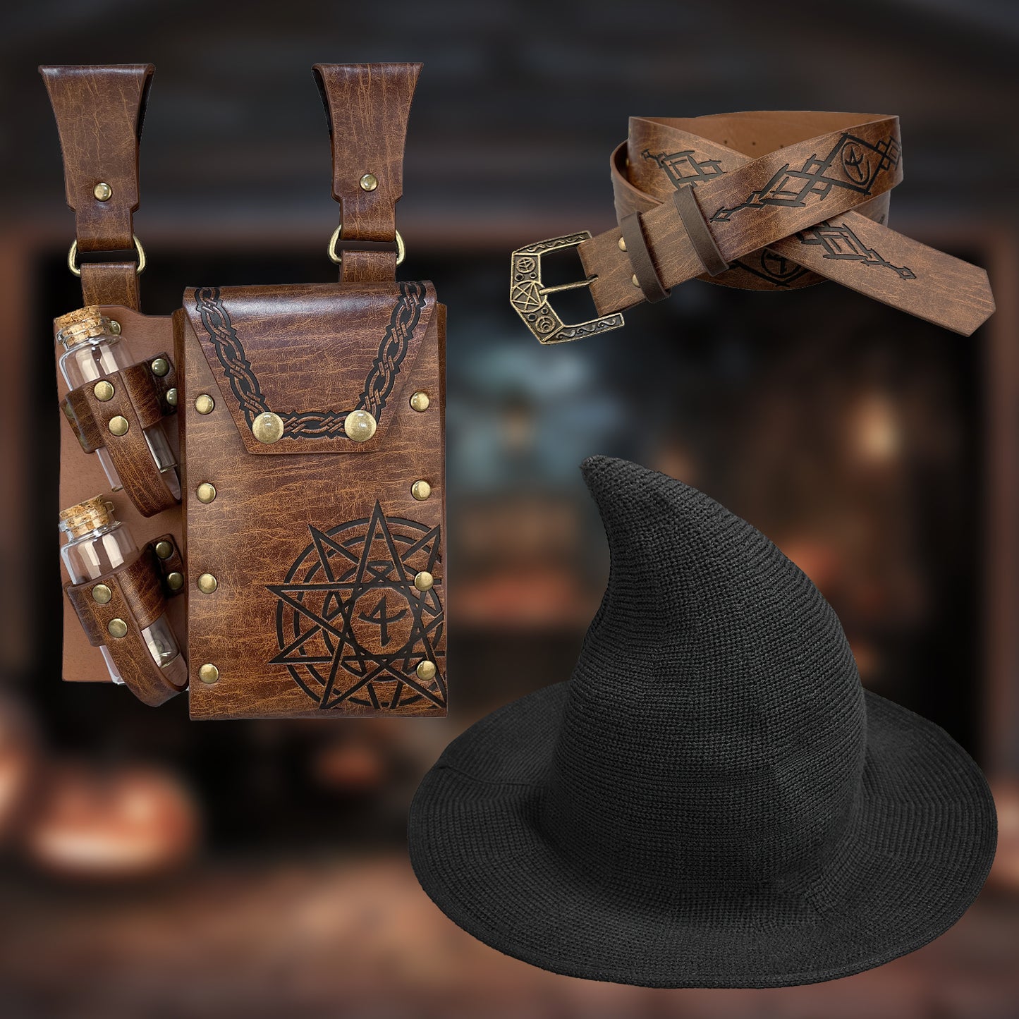 HiiFeuer Medieval Faux Leather Alchemy Set, Witch Pointed Hat for Women, Fantasy Wizard Belt with Potion Vials Waist Pouch