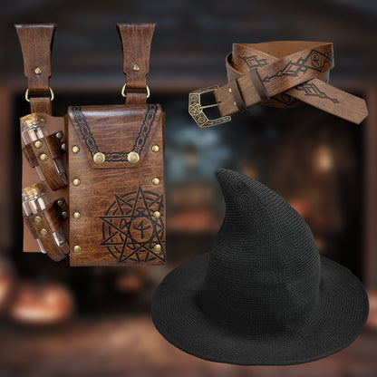 HiiFeuer Medieval Faux Leather Alchemy Set, Witch Pointed Hat for Women, Fantasy Wizard Belt with Potion Vials Waist Pouch