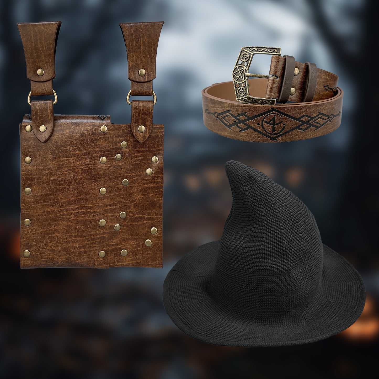HiiFeuer Medieval Faux Leather Alchemy Set, Witch Pointed Hat for Women, Fantasy Wizard Belt with Potion Vials Waist Pouch