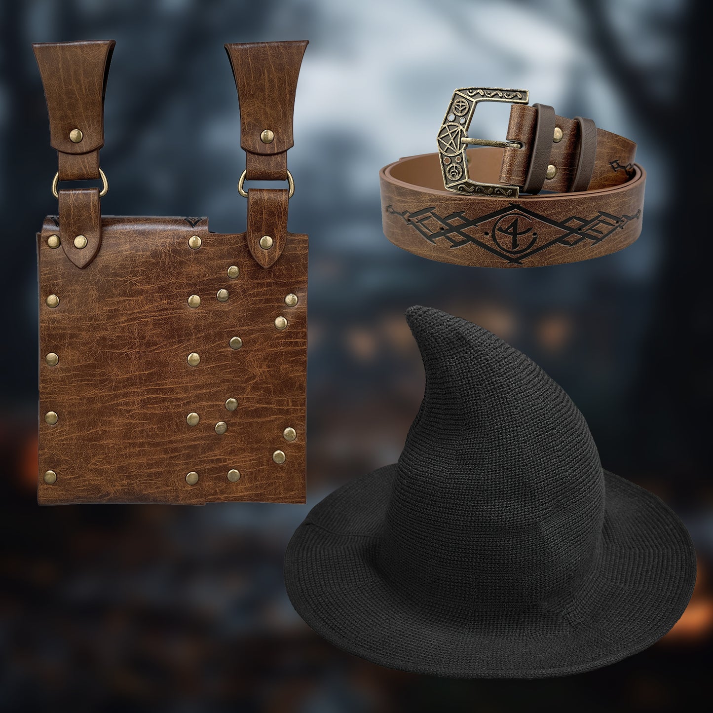 HiiFeuer Medieval Faux Leather Alchemy Set, Witch Pointed Hat for Women, Fantasy Wizard Belt with Potion Vials Waist Pouch