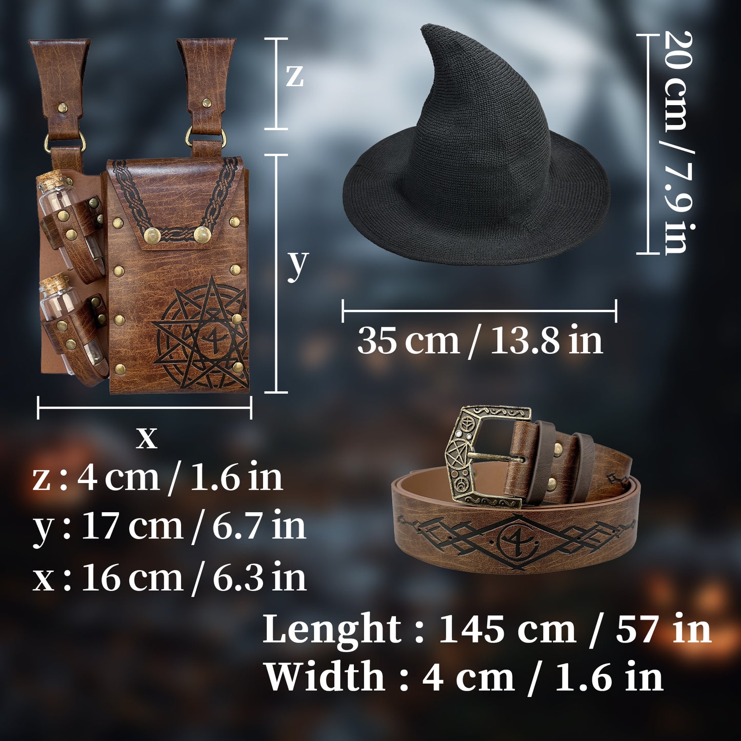 HiiFeuer Medieval Faux Leather Alchemy Set, Witch Pointed Hat for Women, Fantasy Wizard Belt with Potion Vials Waist Pouch