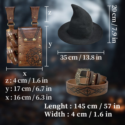 HiiFeuer Medieval Faux Leather Alchemy Set, Witch Pointed Hat for Women, Fantasy Wizard Belt with Potion Vials Waist Pouch