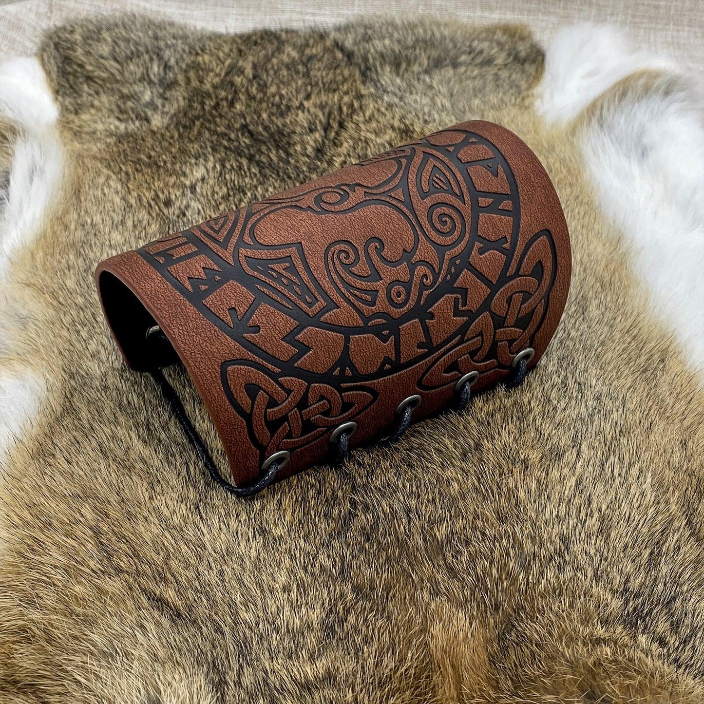 HiiFeuer Viking Arm Bracer, Embossed Norse Symbol Faux Leather Arm Armor, Medieval Faux Leather Arm Wristband for LARP