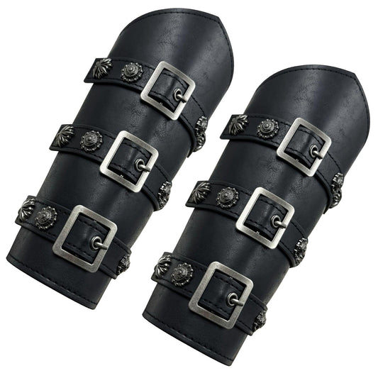HiiFeuer Medieval PU Leather Buckle Arm Bracers, Knight LARP Retro Renaissance Arm Guards, One Size One Pair