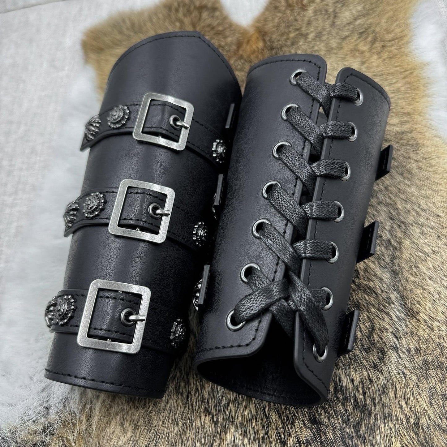 HiiFeuer Medieval PU Leather Buckle Arm Bracers, Knight LARP Retro Renaissance Arm Guards, One Size One Pair