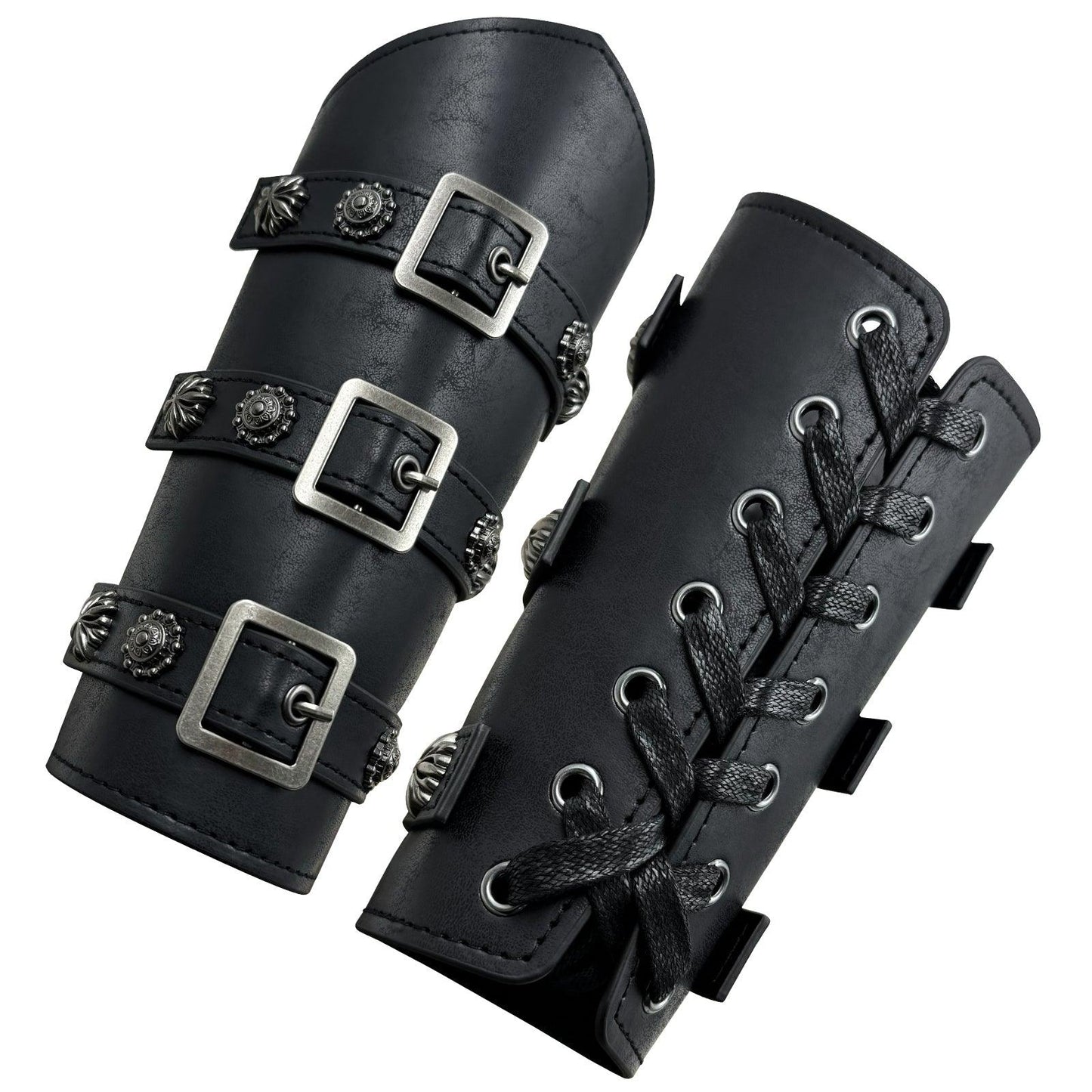 HiiFeuer Medieval PU Leather Buckle Arm Bracers, Knight LARP Retro Renaissance Arm Guards, One Size One Pair