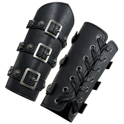 HiiFeuer Medieval PU Leather Buckle Arm Bracers, Knight LARP Retro Renaissance Arm Guards, One Size One Pair