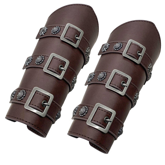 Pair of brown medieval leather bracers with metal buckles and decorative rivets, cosplay armor