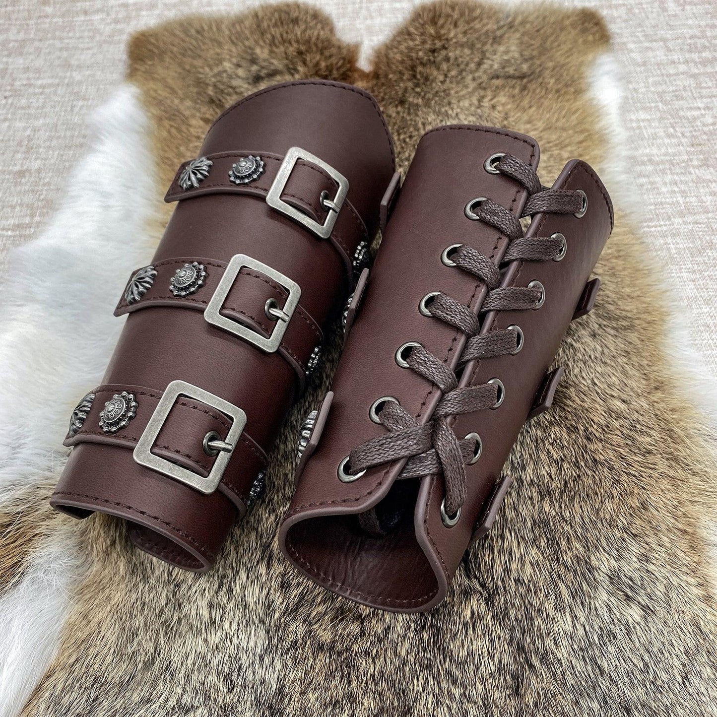 HiiFeuer Medieval PU Leather Buckle Arm Bracers, Knight LARP Retro Renaissance Arm Guards, One Size One Pair