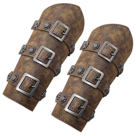 Pair of medieval brown leather bracers with metal buckles and decorative studs