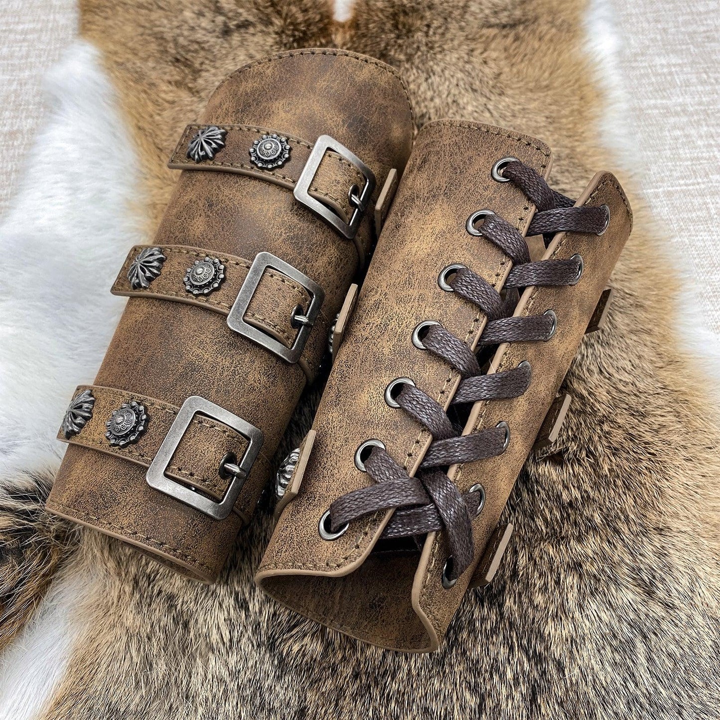 HiiFeuer Medieval PU Leather Buckle Arm Bracers, Knight LARP Retro Renaissance Arm Guards, One Size One Pair