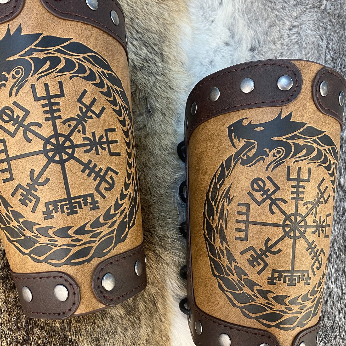 HiiFeuer Embossed Viking Symble Faux Leather Arm Armor, Viking Gauntlet Bracers, Knight Arm Guards for LARP Ren Faire