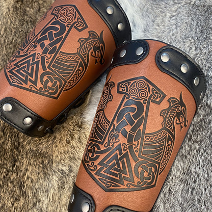 HiiFeuer Embossed Viking Symble Faux Leather Arm Armor, Viking Gauntlet Bracers, Knight Arm Guards for LARP Ren Faire