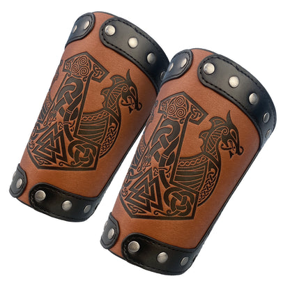 HiiFeuer Embossed Viking Symble Faux Leather Arm Armor, Viking Gauntlet Bracers, Knight Arm Guards for LARP Ren Faire