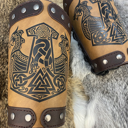 HiiFeuer Embossed Viking Symble Faux Leather Arm Armor, Viking Gauntlet Bracers, Knight Arm Guards for LARP Ren Faire
