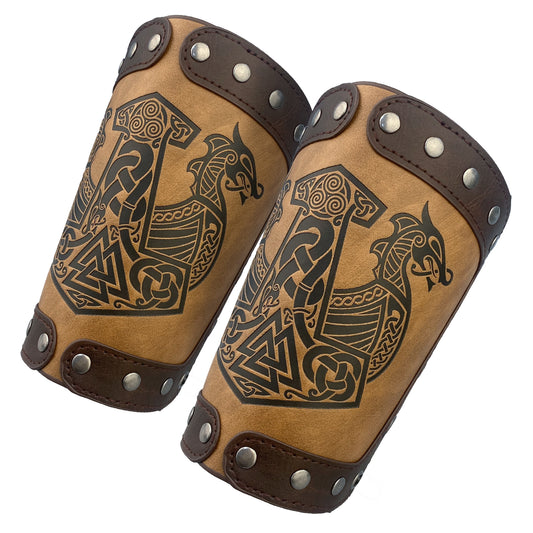 HiiFeuer Embossed Viking Symble Faux Leather Arm Armor, Viking Gauntlet Bracers, Knight Arm Guards for LARP Ren Faire