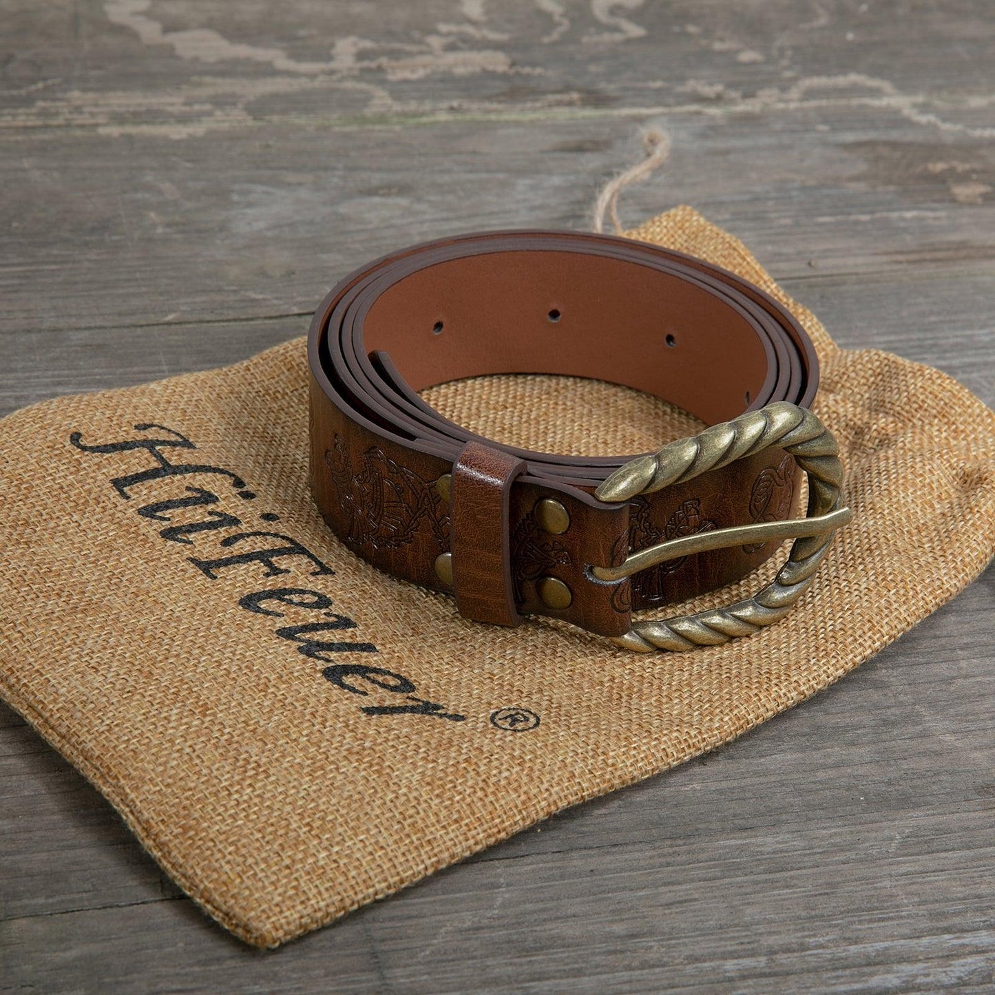 HiiFeuer Viking Fenrir Embossed Faux Leather Buckle Belt, Medieval Knight Belt