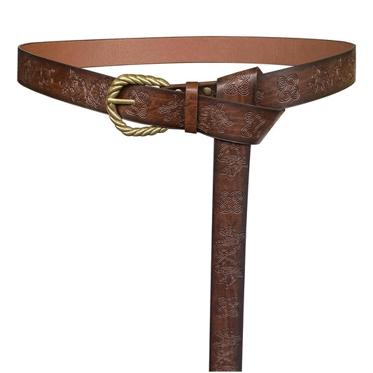 Medieval style brown leather belt with embossed patterns and a brass buckle, ideal for cosplay
