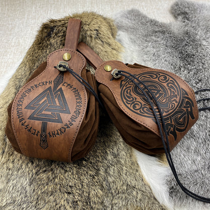 HiiFeuer Medieval Faux Leather Pouch, Portable Drawstring Purse, Vintage Belt Pouch Dice Bag For LARP Ren Faire