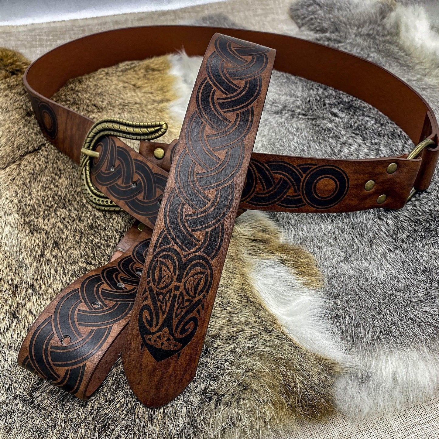 HiiFeuer Nordic Embossed Buckle Belt, Retro Medieval Faux Leather Knight Belt, LARP Cosplay