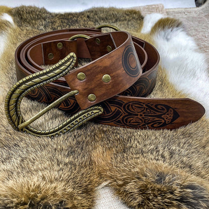 HiiFeuer Nordic Embossed Buckle Belt, Retro Medieval Faux Leather Knight Belt, LARP Cosplay