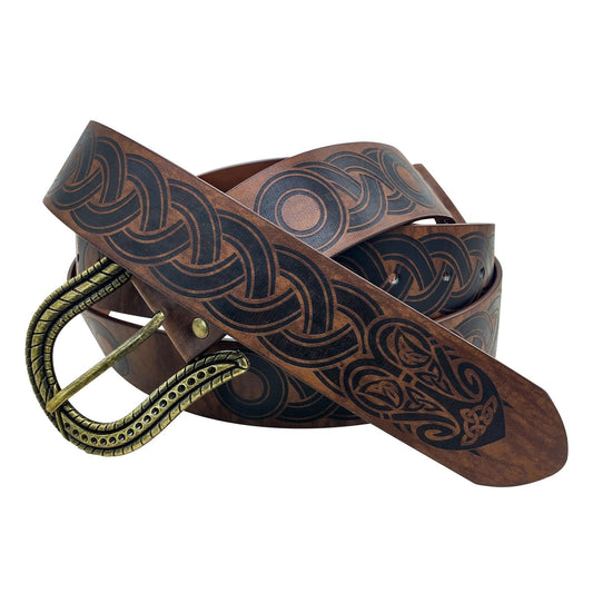 Brown leather Viking belt with engraved Celtic knot designs and antique brass buckle
