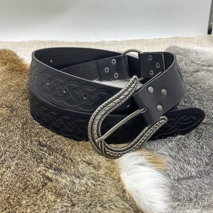 HiiFeuer Nordic Embossed Buckle Belt, Retro Medieval Faux Leather Knight Belt, LARP Cosplay