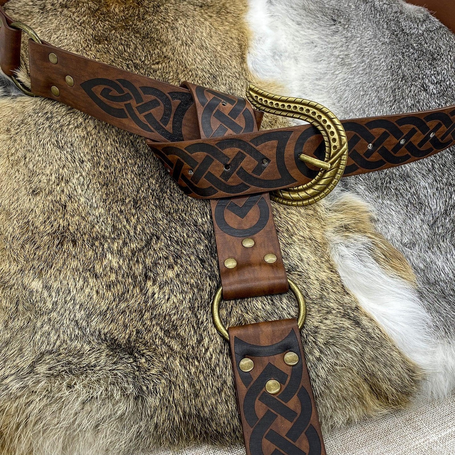 HiiFeuer Nordic Embossed Buckle Belt, Retro Medieval Faux Leather Knight Belt, LARP Cosplay