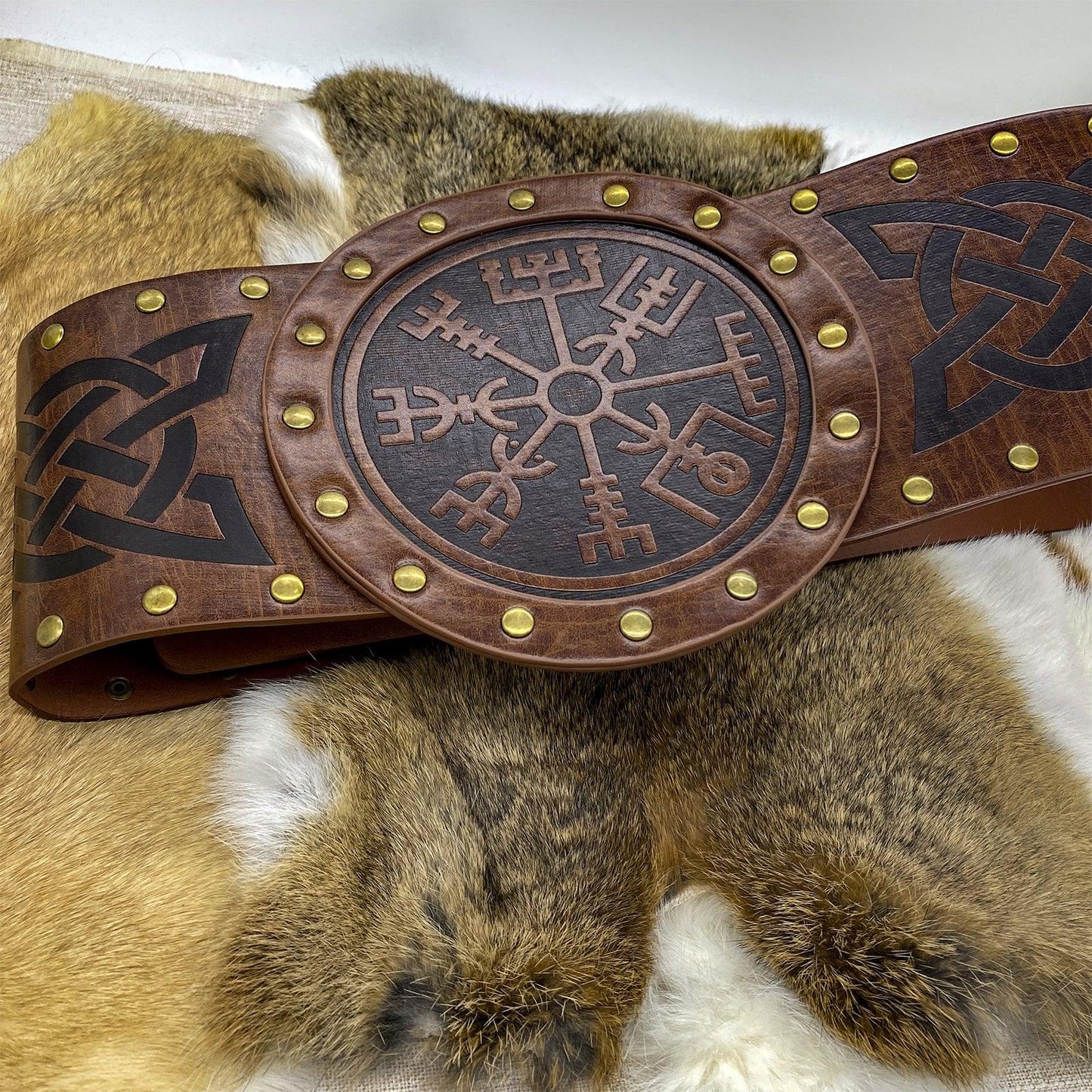 HiiFeuer Viking Embossed Wide Belt, Nordic Faux Leather Armor Belt Knight Corset Belt, LARP Halloween Costume