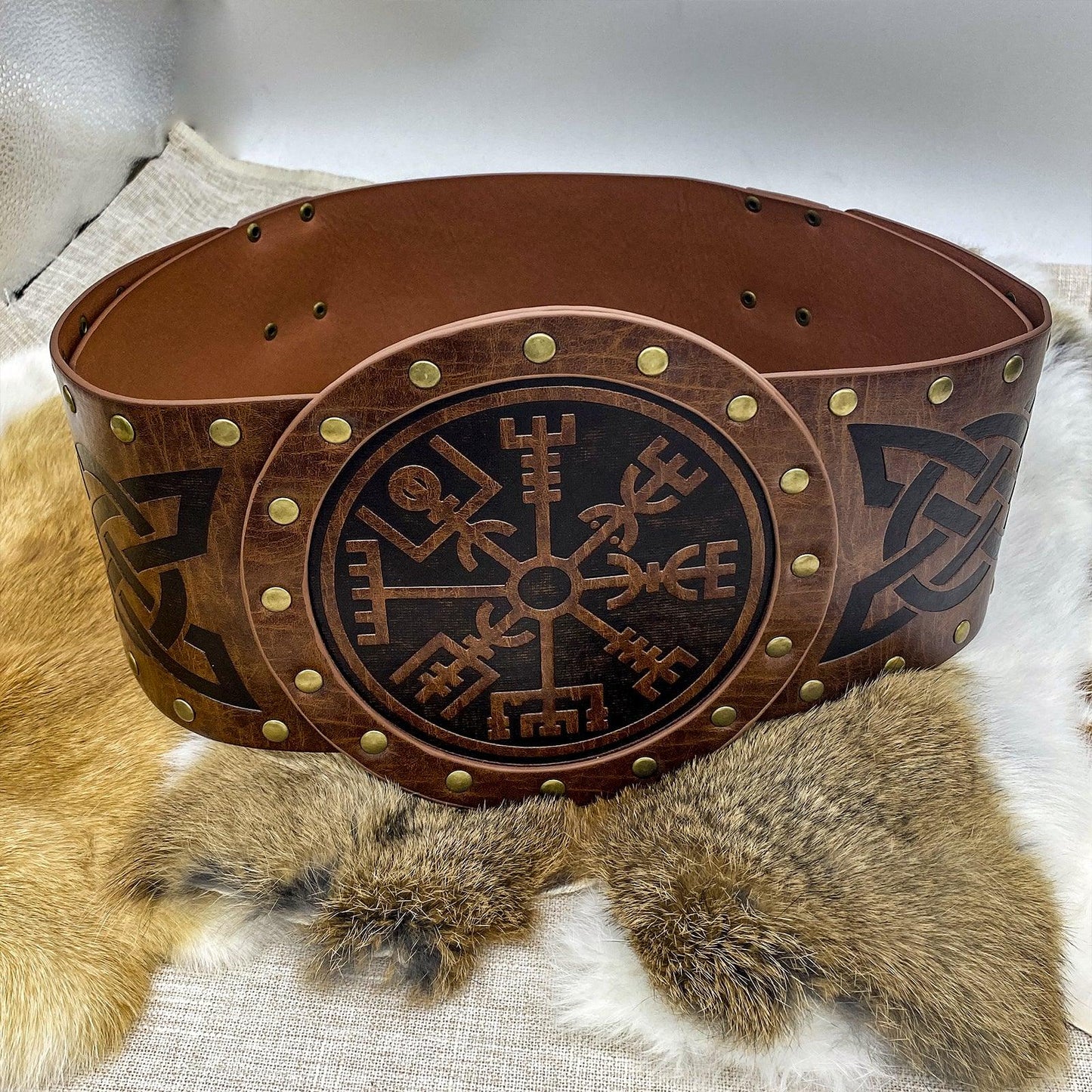 HiiFeuer Viking Embossed Wide Belt, Nordic Faux Leather Armor Belt Knight Corset Belt, LARP Halloween Costume