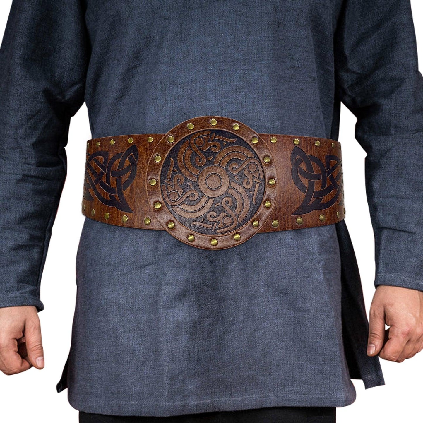 HiiFeuer Viking Embossed Wide Belt, Nordic Faux Leather Armor Belt Knight Corset Belt, LARP Halloween Costume